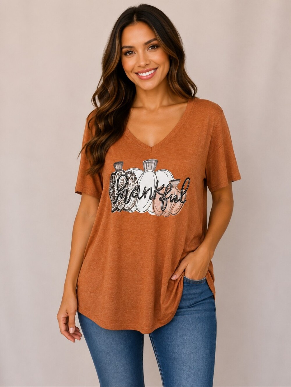 Thankful Pumpkin Graphic V-Neck Tee - Rust Orange